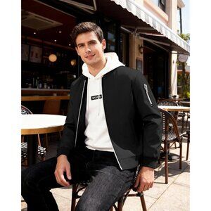 Men's Black Bomber Jacket Coat Lightweight Casual Windbreaker Zip Up Pocket